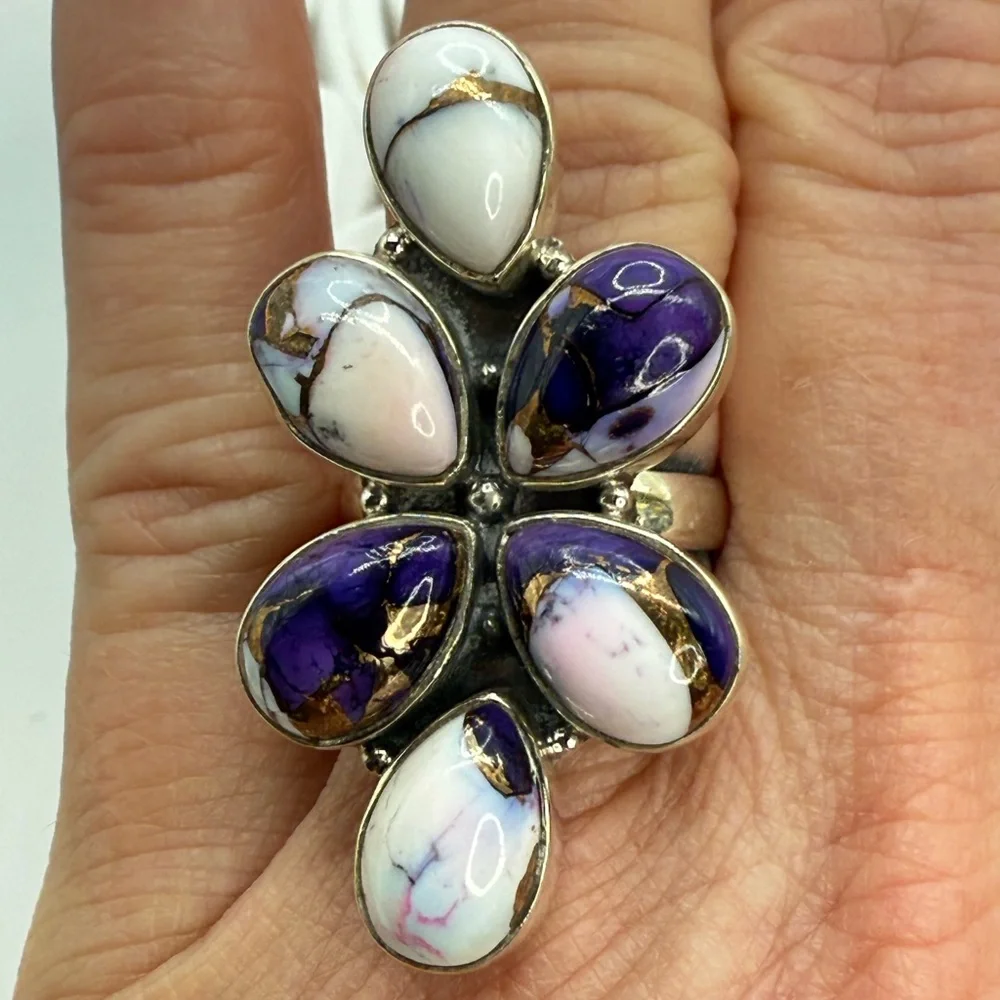 Sterling Silver Purple Dahlia Statement Ring – Size 8 Adjustable